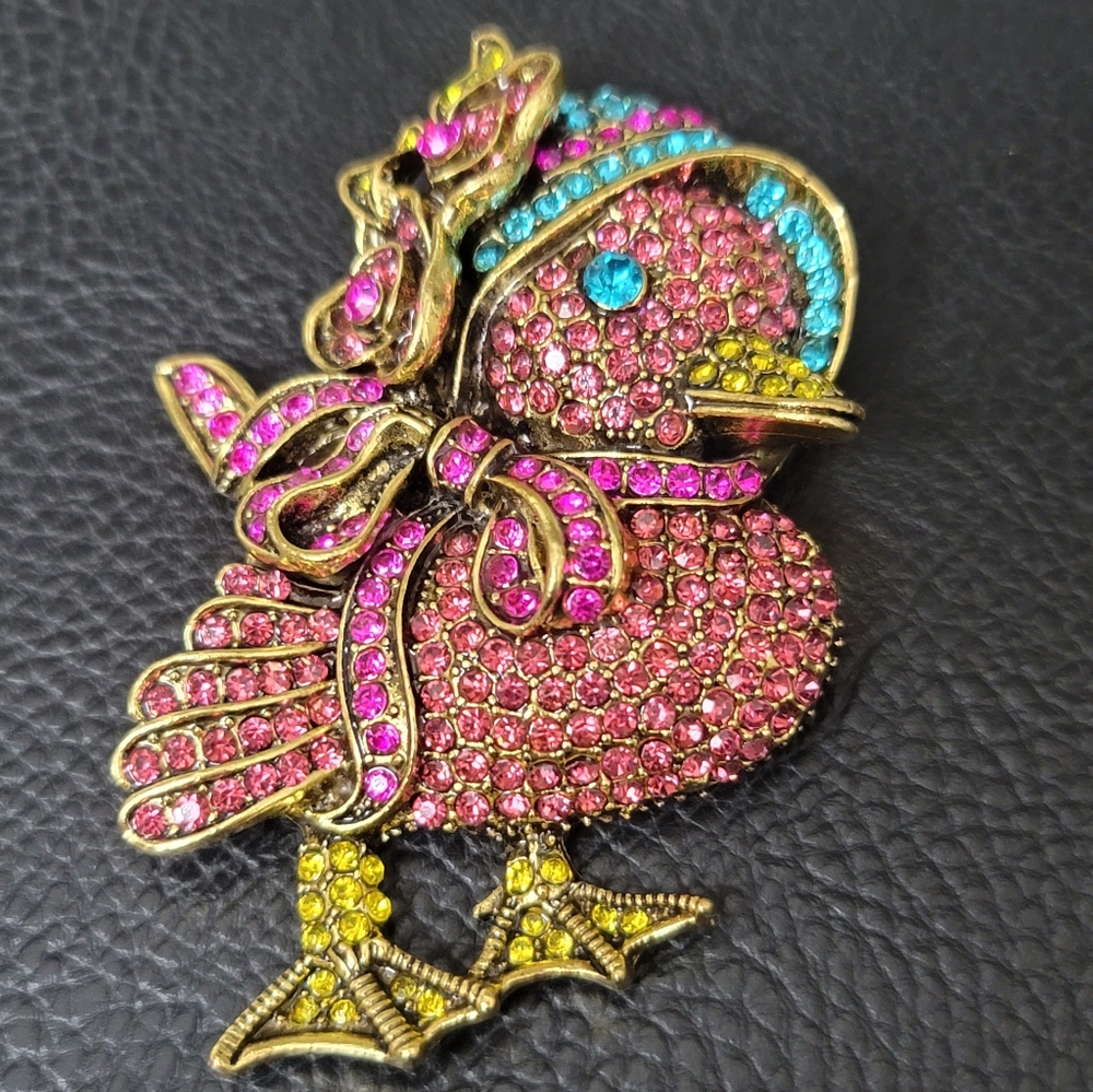 Large Darling Duck Brooch, Pink, Blue & Golden Rhinestones,  NWOT